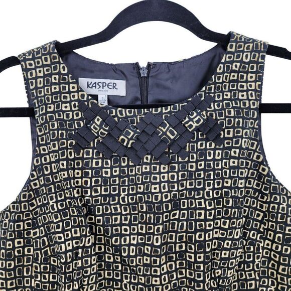 Kasper Geometric Print Sleeveless Sheath Dress 6 Black Brown 3D Ribbon Neckline - Picture 2 of 11